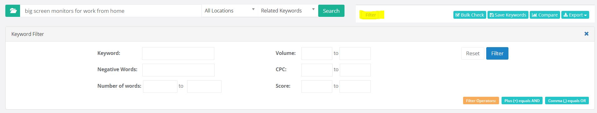 Keysearch - keyword research filter options