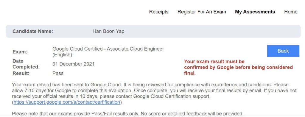 Google ACE exam result confirmed by Google